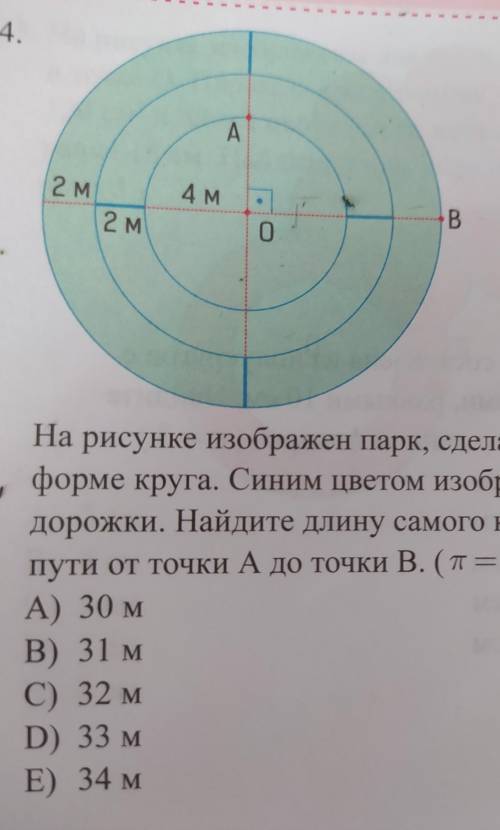 На рисунке изображен парк, сделанный в форме круга, Синим цветом изображеныдорожки. Найдите длину са