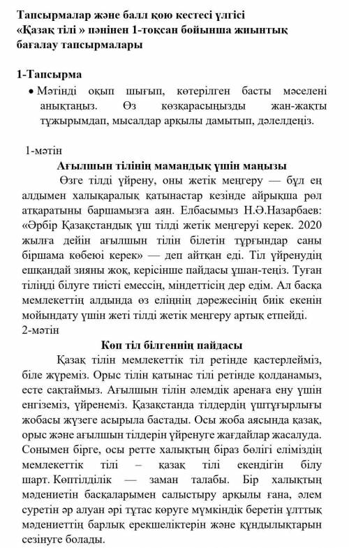 1-Тапсырма • Мәтінді оқып шығып, көтерілген басты мәселені анықтаңыз. Өз көзқарасыңызды жан-жақты тұ