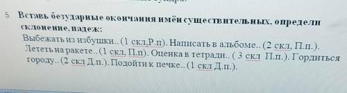 вставь безударные окончания имён существительных, определи склонение, падеж. выбежать из избушки, на
