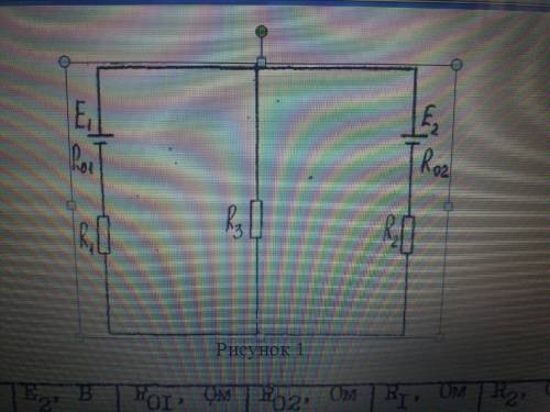 E1-60В Е2-30В R01-1Ом R02-1Ом R1-20Ом R2-14Om R3-14Om Определите ток указанной в задании (таблица 1)