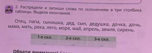 Распредили и запиши слова по склонениям в три столбика таблицы Выдели окончания ​