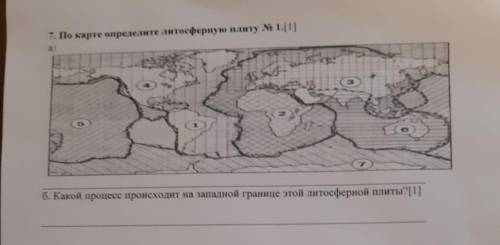 По карте определите литосферную плиту №1 б) Какой процесс происходит на западной границе этой литосф