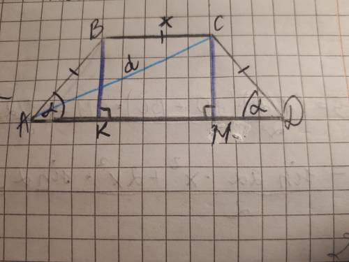 Диагональ равносторонней трапеции равна d, узкий угол равен α. Найдите периметр и высоту трапеции, е