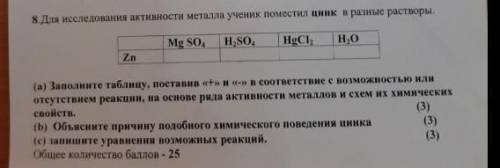 Для исследования активности метала ученик поместил цинк в разные растворы