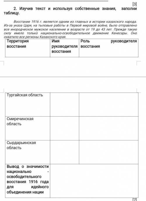 2. Изучив текст и используя собственные знания, таблицу. заполни Восстание 1916 г. является одним из