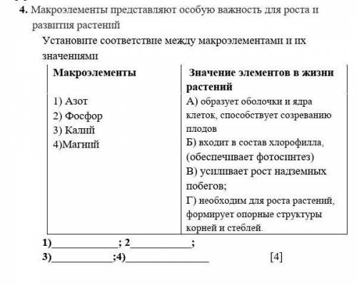 4. Макроэлементы представляют особую важность для роста и развития растений Установите соответствие