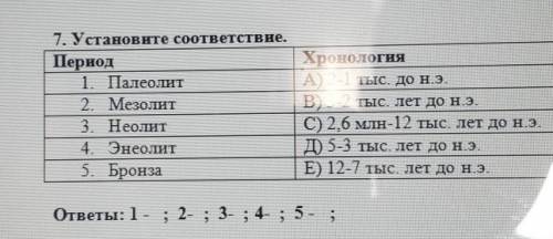 7. Установите соответствие. Период1. Палеолит2. Мезолит3. Неолит4. Энеолит5. БронзаХронологияА) 2-1