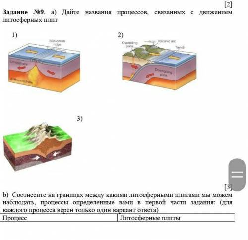 Задание 9 а) Дайте названия процессов, связанных с литосферных плит движеннем b) Соотнесите границах