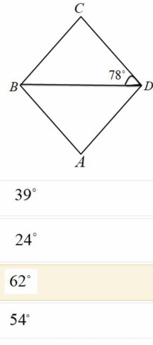 ABCD ромб D 78° сколько будет A?​