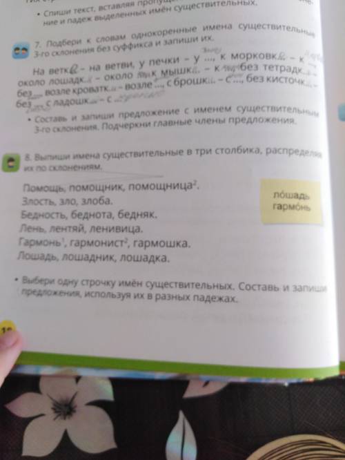 Выпишп именя чуществительные в три столбика, респределяя их по склонениям 4 класс