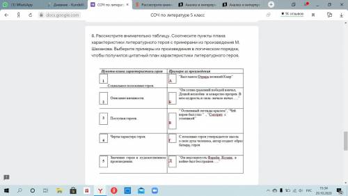 Рассмотрите внимательно таблицу. Соотнесите пункты плана характеристики литературного героя с пример