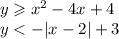 y \geqslant x {}^{2} - 4x+ 4 \\ \ y < - |x - 2| + 3