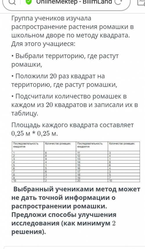 Группа учеников изучала распространение растения ромашки в школьном дворе по методу квадрата. Для эт