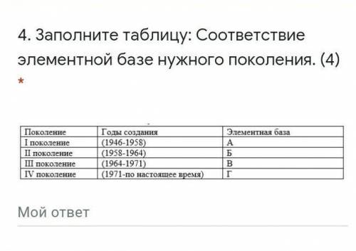  Заполните таблицу: Соответствие элементной базе нужного поколения