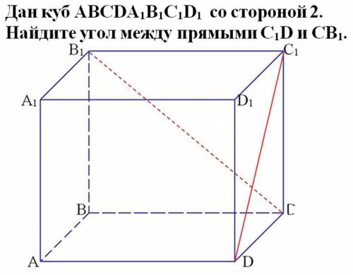 Дan кy6 АВСДА1В1С1Д1 со сторонou 2. Haйguтe yгoл meжду пpяmыmu С1Д u CВ1.