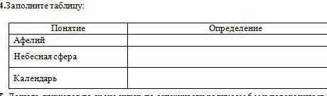 Заполните таблицу.Понятие:Афелий,Небесная сфера ,Календарь.Определение:​