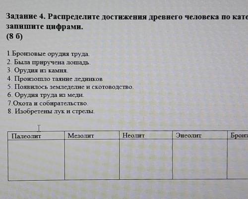 Распределите достижение древнего человека по категориям запишите цифрами (последние бронзовый век