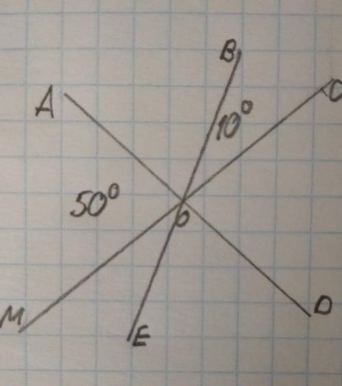 Даны три пересекающиеся в точке О прямые АD,BE,MC. Градусные меры известных углов даны на рисунке. Н