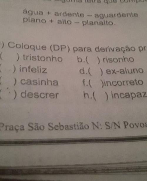 Coloque DP para derivação prefixal e DS para derivação sufixal​