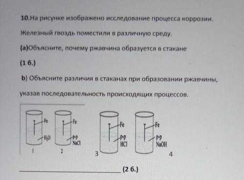 10.На рисунке изображено исследование процесса коррозии. Железный гвоздь поместили в различную среду