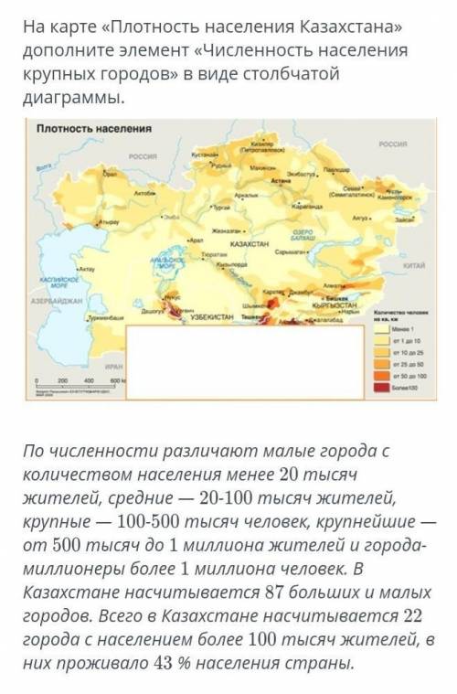 На карте «Плотность населения Казахстана» дополните элемент «Численность населения крупных городов»