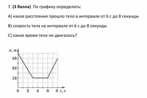 7. ( ) По графику определить: А) какое расстояние тело в интервале от 6 с до 8 секундыВ) скорость те