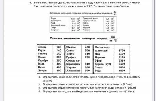 В печи сожгли сухие дрова, чтобы вскипятить воду массой 3 кг в железной емкости массой 1 кг. Начальн