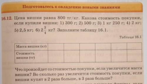 Цена вишни равна 800 тг/кг .Какова стоимость покупки ,если купили вишни :1)300г 2)500г 3)1кг 250 г 4