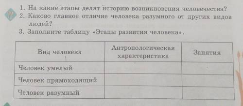 1. На какие этапы делят историю возникновения человечества? 2. Каково главное отличие человека разум