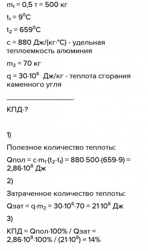 Рассчитайте КПД плавильной печи, в которой для нагревания 1000 т алюминия от 9 °С до температуры пла