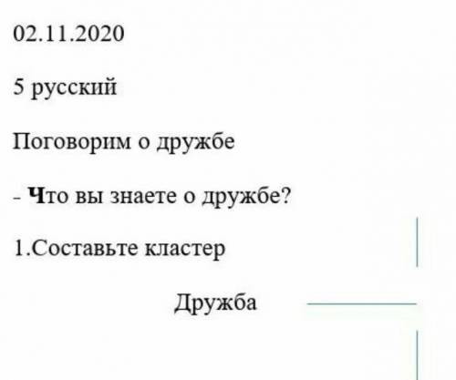 02.11.2020 5 русскийПоговорим о дружбе- Что вы знаете о дружбе?1.Составьте кластерДружба​