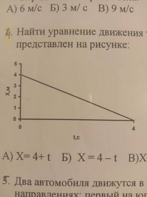 Найти уравнение движения тела, график которого представлен на рисунке. А) x=4+t Б) x=4 - t В) x=4+2t