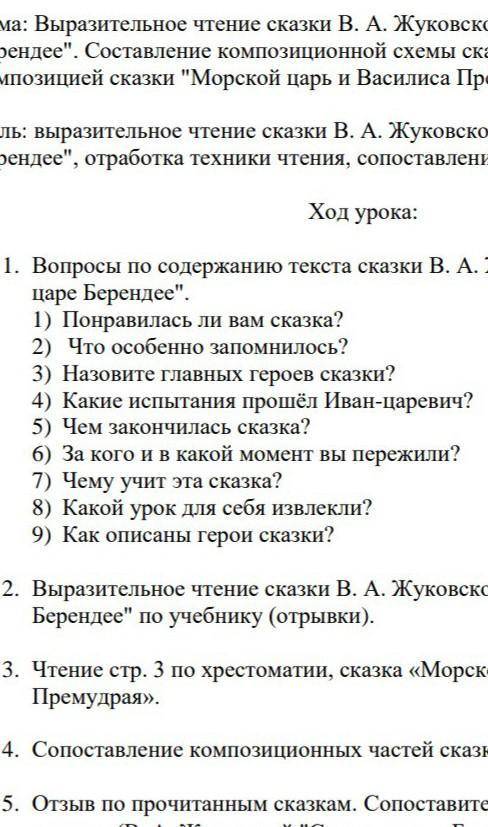 1. Вопросы по содержанию текста сказки В. А. Жуковского Сказка о царе Берендее.1) Понравилась ли в