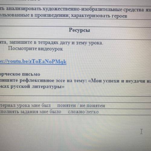 Творческое письмо Напишите рефлексивное эссе на тему: «Мои успехи и неудачи на роках русской литерат