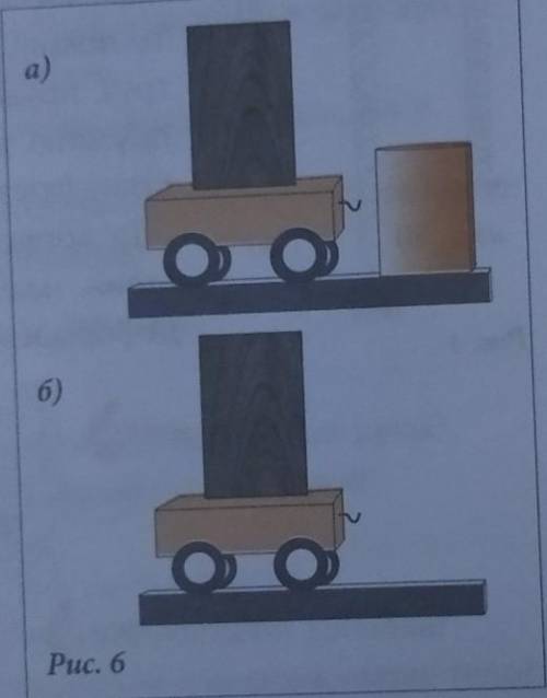 а) На рис. 6, а изображена тележка с деревянным бруском. Тележка движется прямолинейно и равномерно.