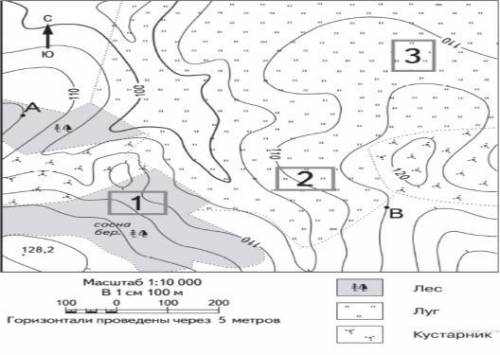 Используя данную топографическую карту, оцените, какой из участков, обозначенных на карте цифрами 1,