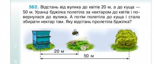 Расстояние от улья к цветам 20 метров, а до куста— 50 метров. Утром пчела полетела за нектаром к цве