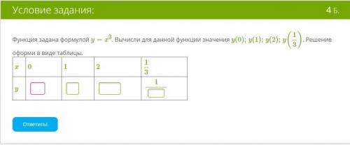 Функция задана формулой y=x3. Вычисли для данной функции значения y(0);y(1);y(2);y(1/3). Решение офо