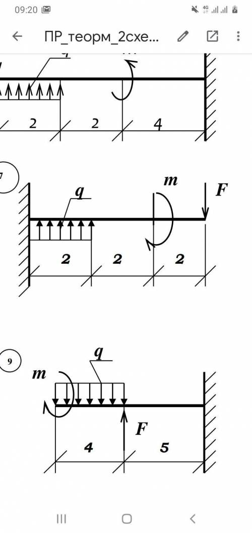 Визначити опорну реакцію консольних и двохопорних балок Дані m=10 F=5 q=3 Возле числа 7 схема по кот