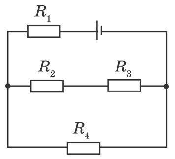 Знайдіть загальну силу струму в колі, (див. рисунок), якщо R1= R2 =R3 =3 Ом, R4 = 6 Ом , ЕРС джерела