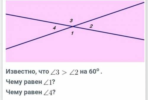 Известно, что угол 3 меньше угла 2 на 60° . Чему равен первый угол?Чему равен четвертый угол?​