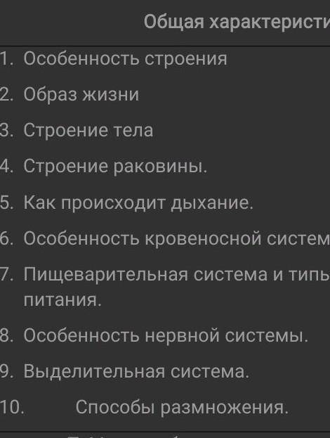 Таблица по биологии общая характеристика Тип маллюски​