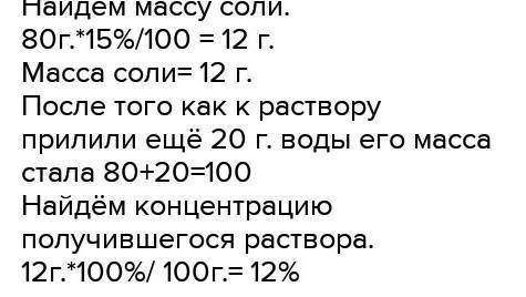 К 80 г 15% раствора добавили 20 г воды. определите концентрацию получившегося раствора