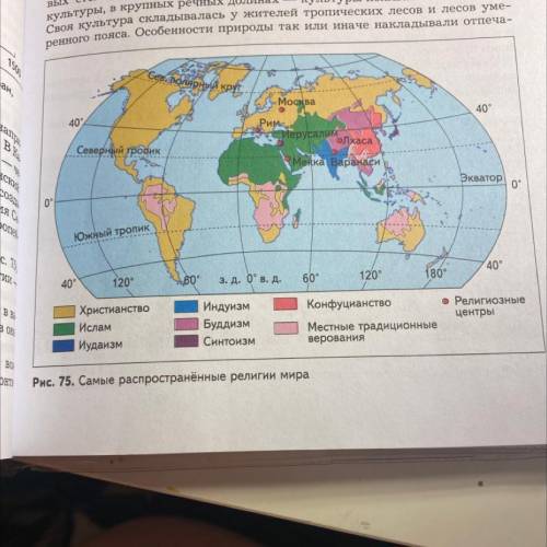 6. По картосхеме (см. рис. 75) и карте атласа установите преобладающие религии в пределах каждого ма