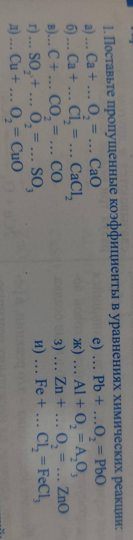 Поставьте пропущенные коэффициенты в уравнениях химических реакций.