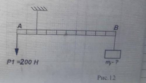 Важіль масою m=10 кг довжиною Ім підвішено за мотузку (рис. 12). До точки вважеля підвішено тіло мас