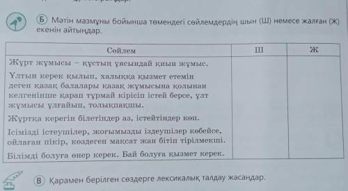 Мәтін мазмұнын бойынша төмендегі сөйлемдердің шын (Ш) немесе (ж) жалған екенін айтыңдар​