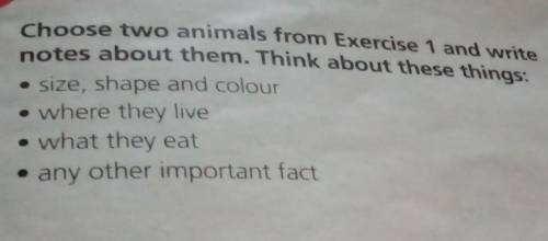 Your turn 3 Choose two animals from Exercise 1 and writenotes about them. Think about these things•