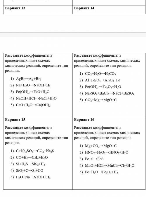 Расттавье коэффициенты и определите тип реакции 13, 14,15,16​