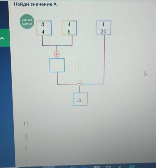 Найди значение A. 3/4+4/5-1/20. 1 1/229/208/52/3​